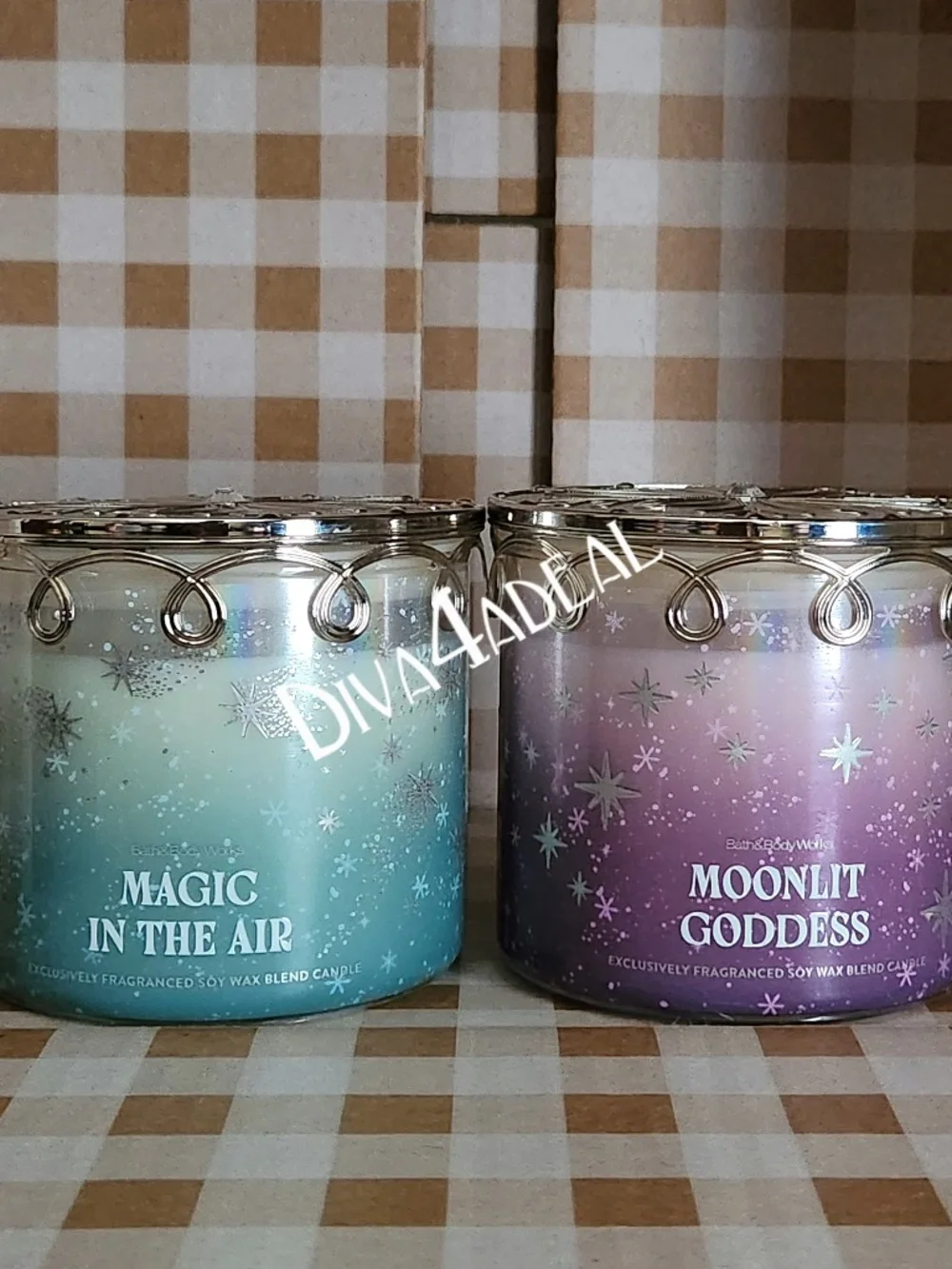 Bath & Body Works MOONLIT GODDESS & MAGIC IN THE AIR 3-Wick Candles w/Fancy Lid